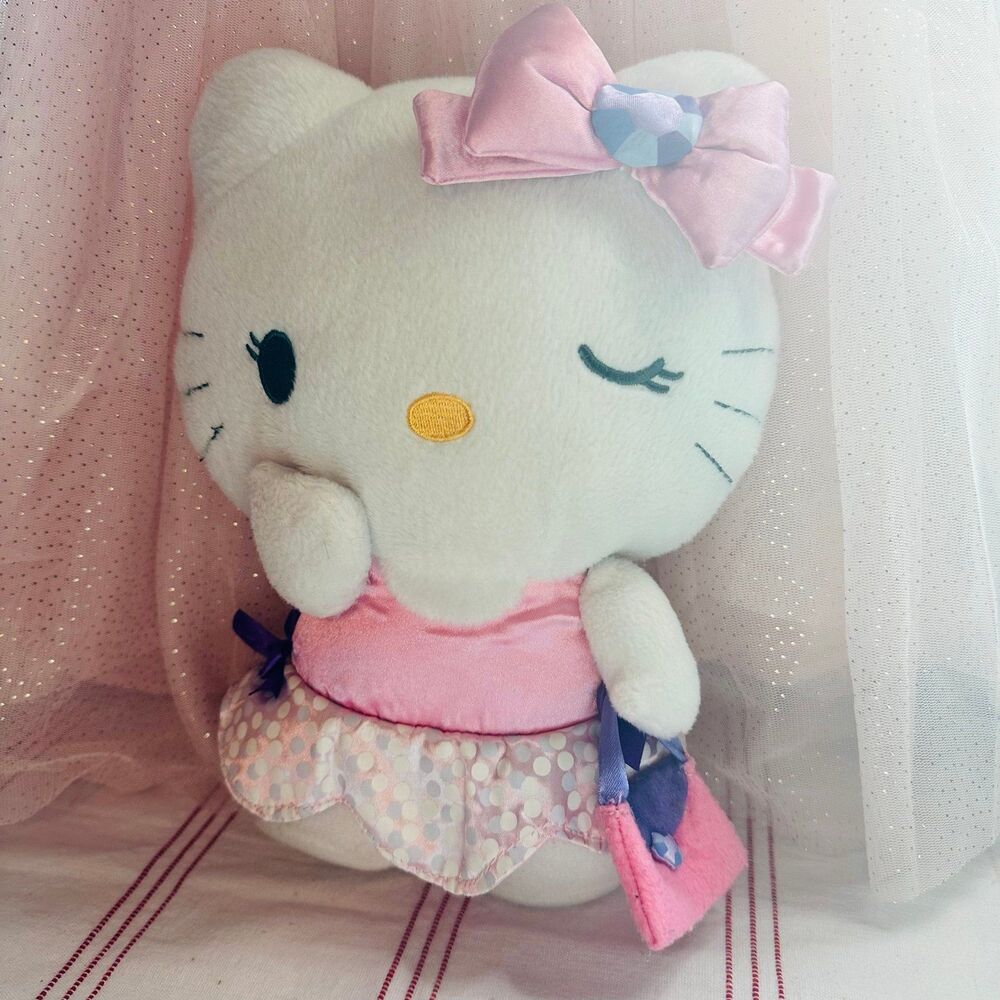Hello Kitty Sanrio Standing Posed Plush 2008 Wink w/handbag Pink polka dots 10in